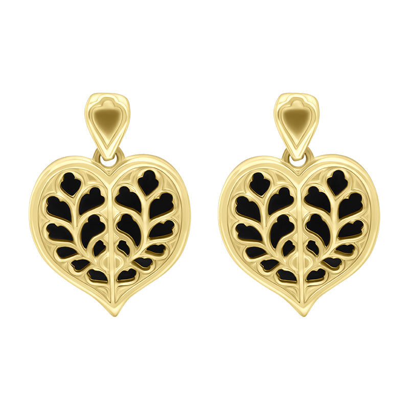 9ct Yellow Gold Whitby Jet York Minster Heart Stud Drop Earrings - Yellow Gold