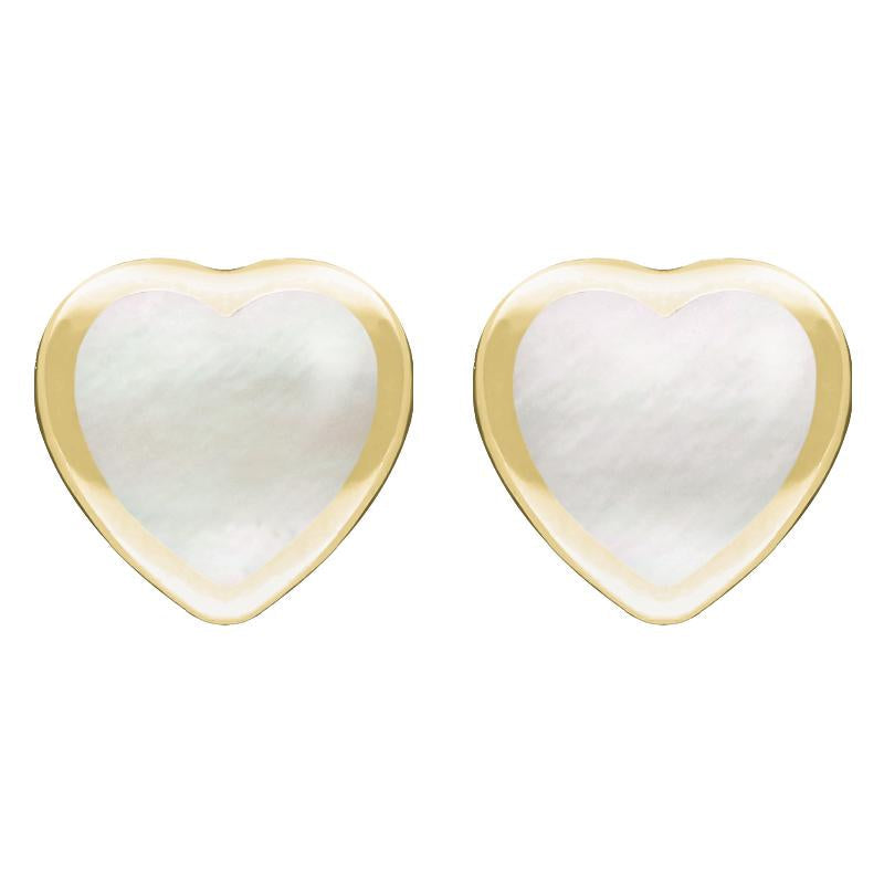 9ct Yellow Gold White Mother Of Pearl Large Framed Heart Stud Earrings - Yellow Gold