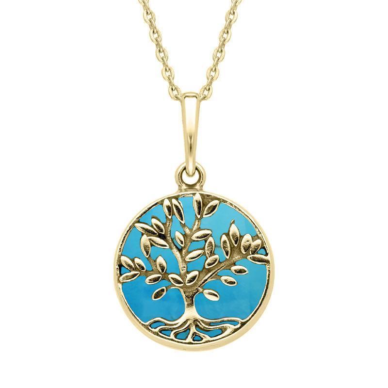 9ct Yellow Gold Turquoise Small Round Large Leaves Tree of Life Necklace