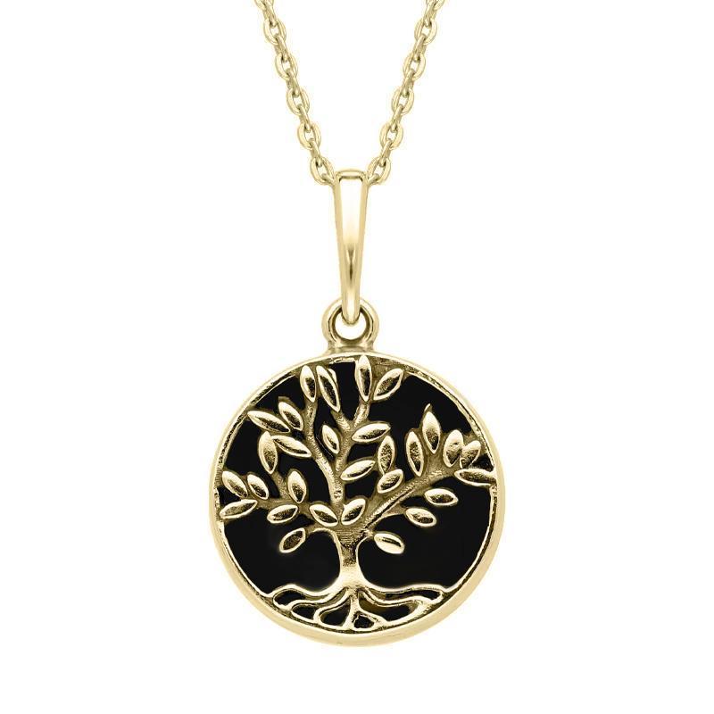9ct Yellow Gold Whitby Jet Small Round Large Leaves Tree of Life Necklace