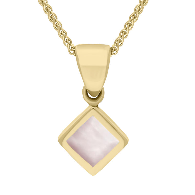 9ct Yellow Gold Pink Mother of Pearl Dinky Square Necklace - Yellow Gold