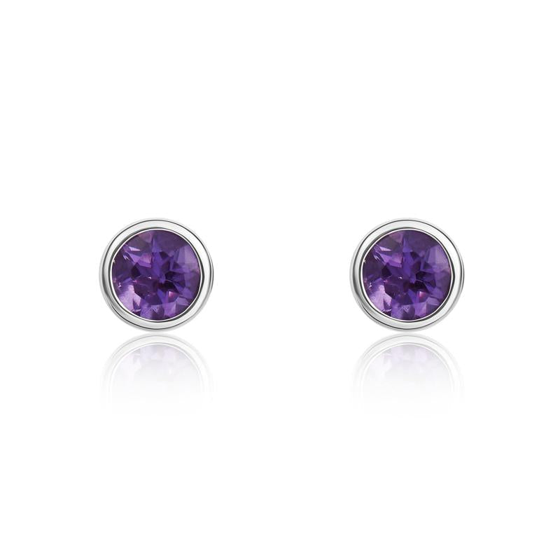 9ct White Gold Amethyst 3mm Round Rub Over Set Stud Earrings