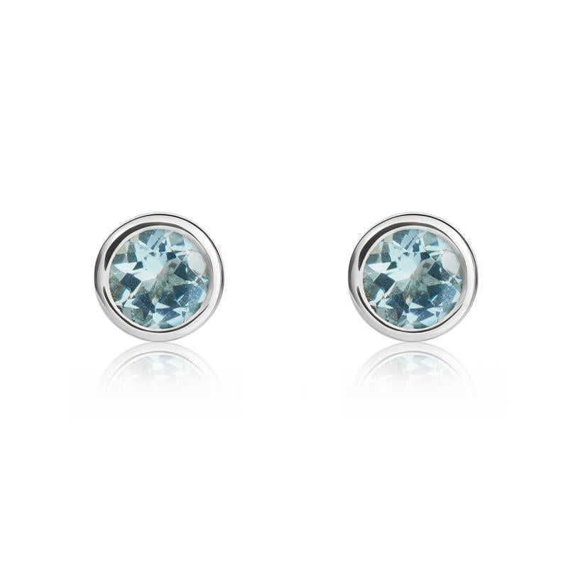 9ct White Gold Aquamarine 4mm Round Rub Over Set Stud Earrings