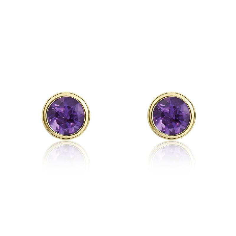 9ct Yellow Gold Amethyst 3mm Round Rub Over Set Stud Earrings