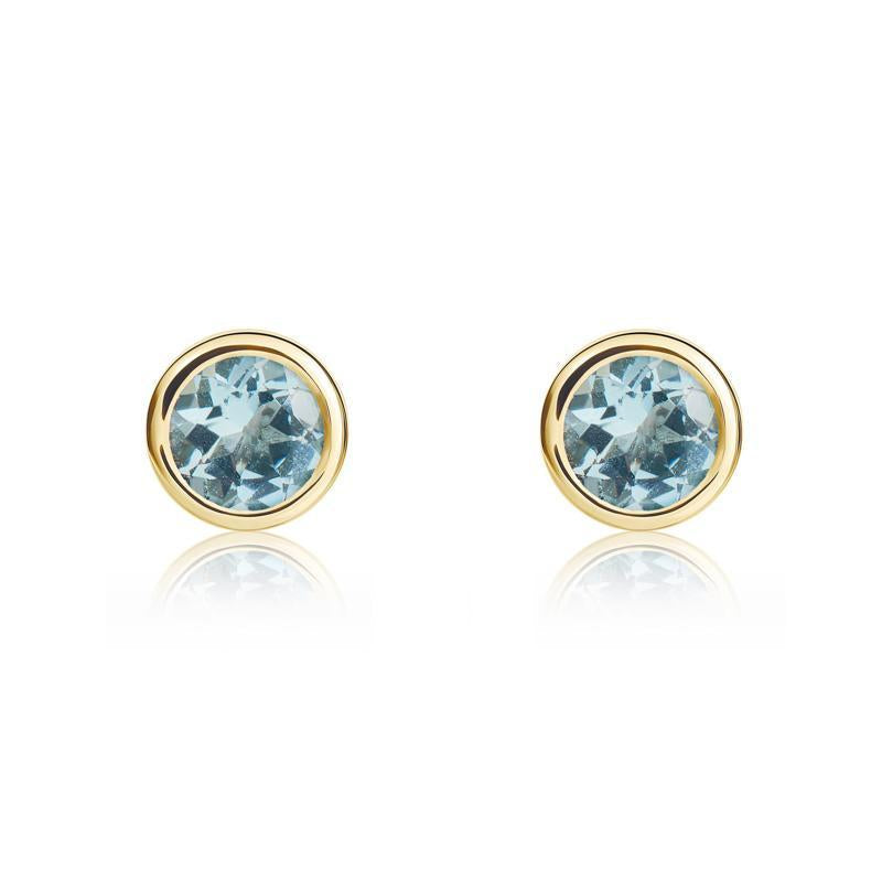 9ct Yellow Gold Aquamarine 4mm Round Rub Over Set Stud Earrings