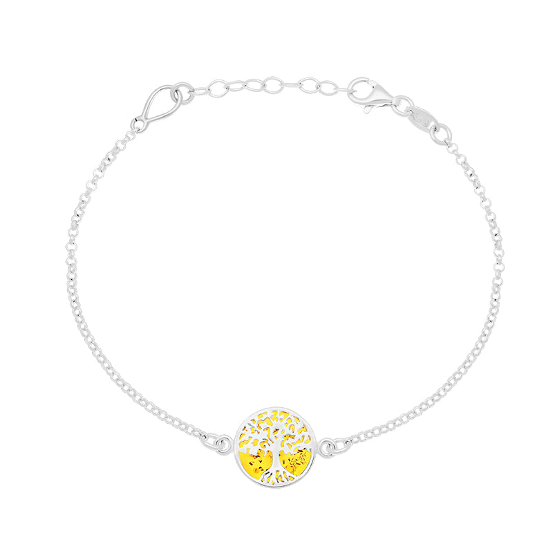 Sterling Silver Amber Round Tree of Life Chain Bracelet - Silver