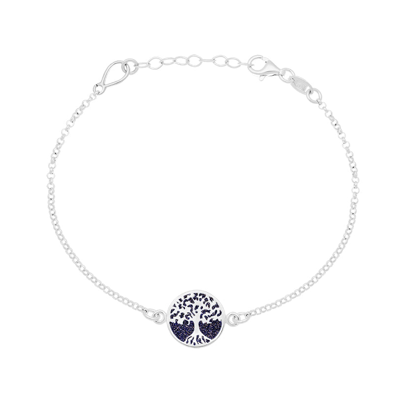 Sterling Silver Blue Goldstone Round Tree of Life Chain Bracelet - Silver