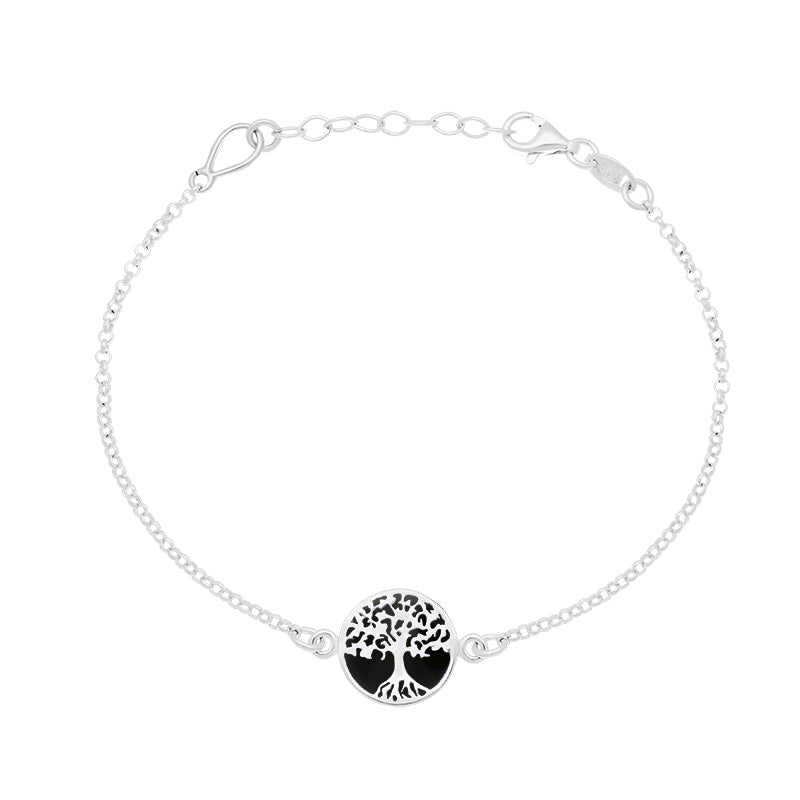 Sterling Silver Whitby Jet Round Tree of Life Chain Bracelet - Silver