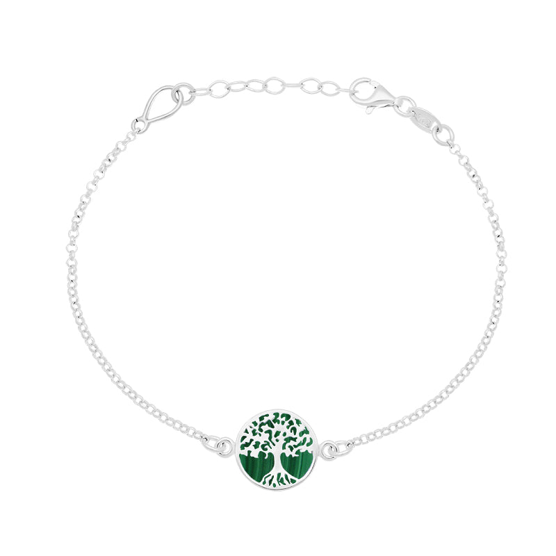 Sterling Silver Malachite Round Tree of Life Chain Bracelet - Silver