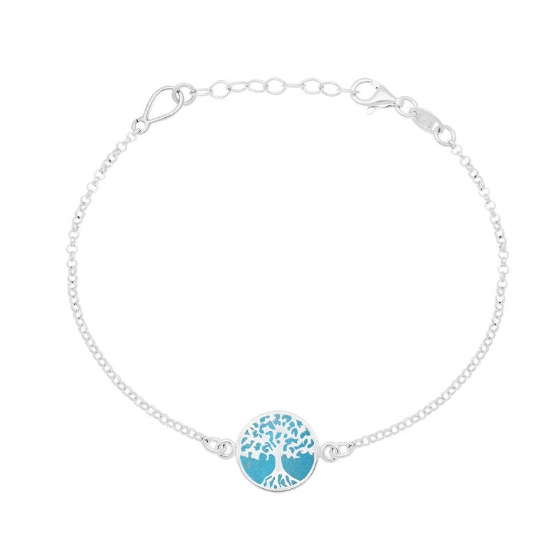Sterling Silver Turquoise Round Tree of Life Chain Bracelet - Silver
