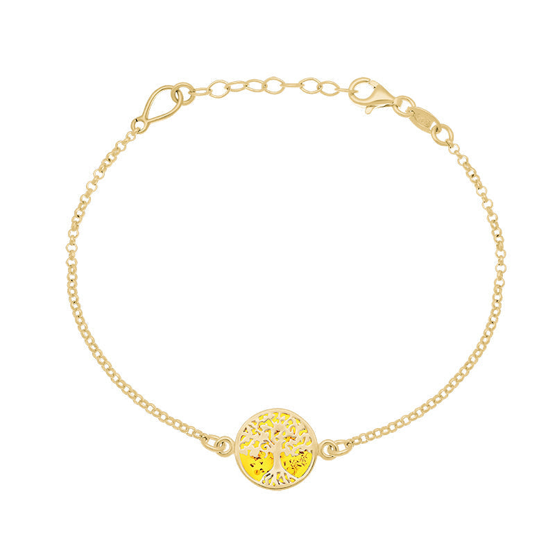 9ct Yellow Gold Amber Round Tree of Life Chain Bracelet - Gold