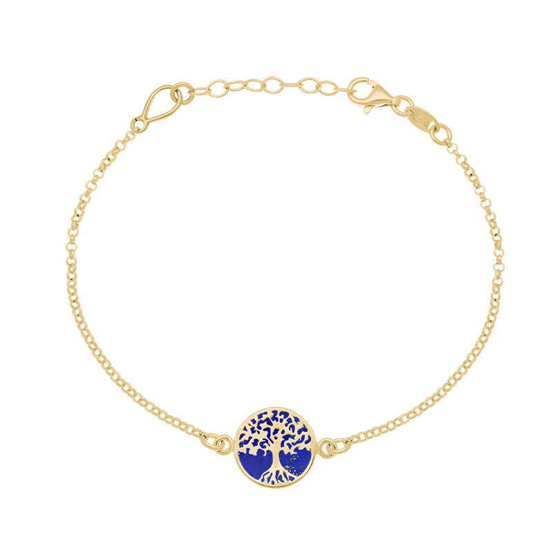 9ct Yellow Gold Lapis Lazuli Round Tree of Life Chain Bracelet - Gold