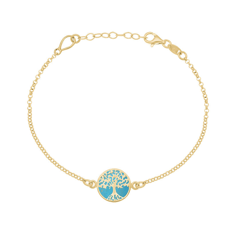 9ct Yellow Gold Turquoise Round Tree of Life Chain Bracelet - Gold