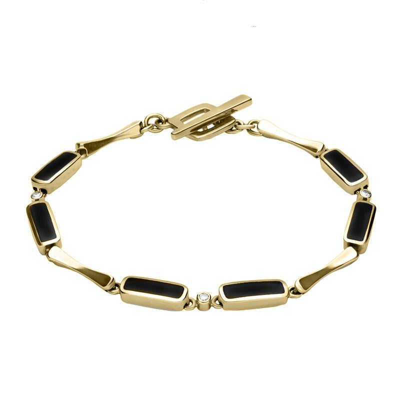 18ct Yellow Gold Whitby Jet 0.09ct Diamond Six Stone Oblong Bracelet