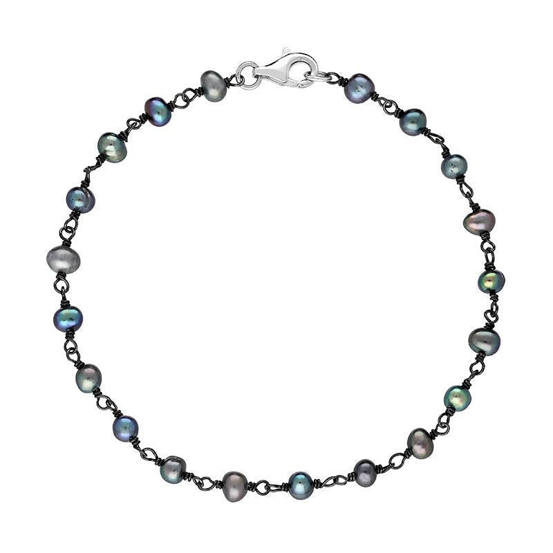 Sterling Silver Black Pearl Bead Chain Link Bracelet