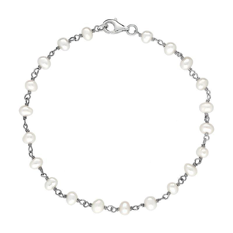 Sterling Silver White Pearl Bead Chain Link Bracelet