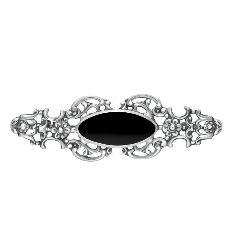 Sterling Silver Whitby Jet Heritage Oval Fancy Brooch - Silver
