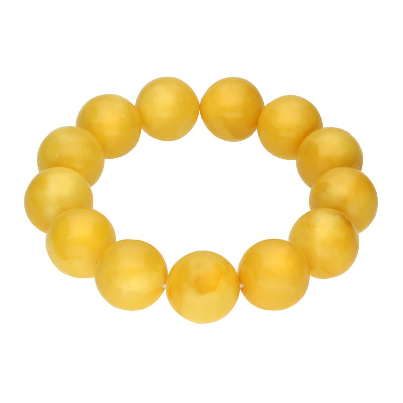 Butter Amber 17mm Round Beaded Bracelet - Silver