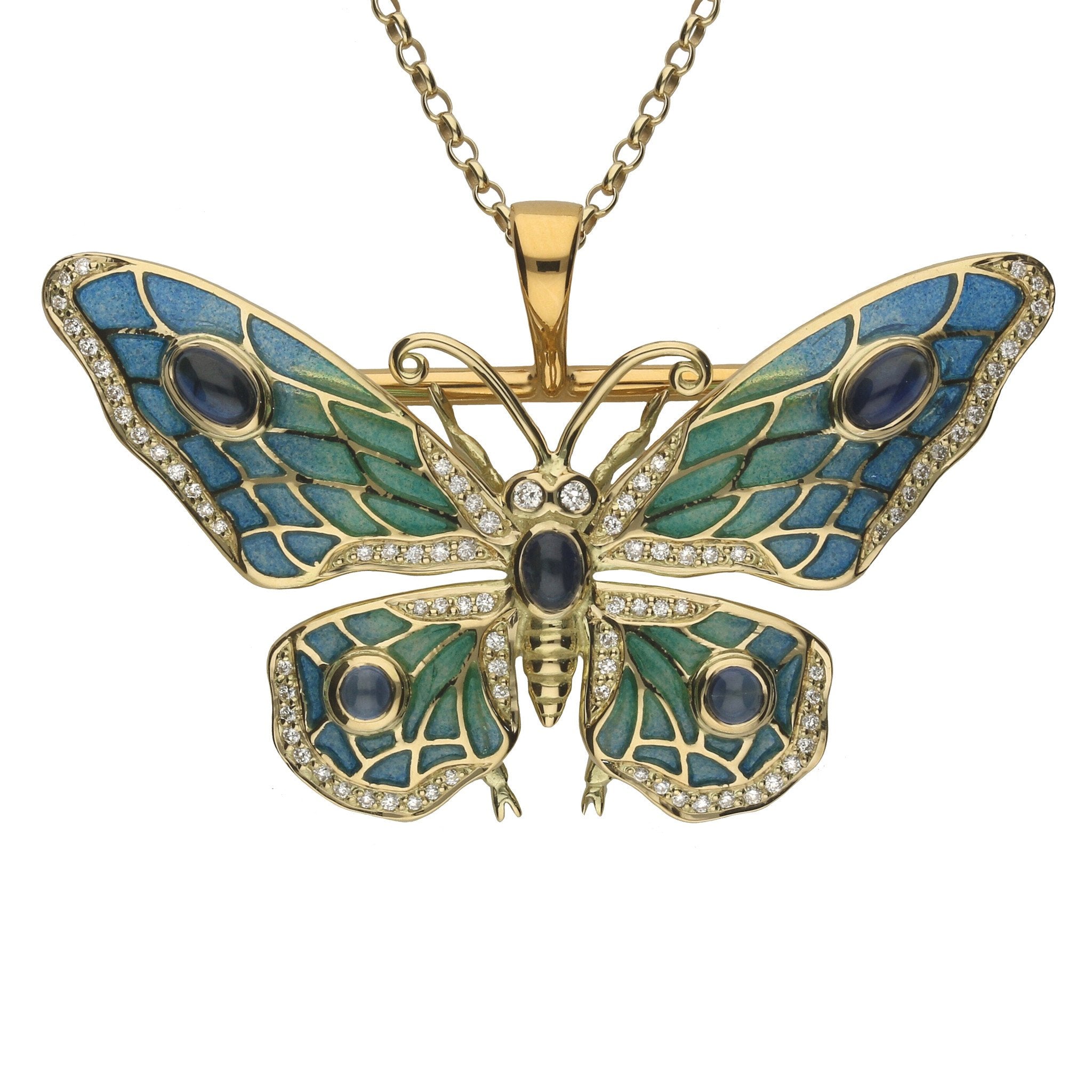 18ct Yellow Gold Diamond Moonstone Enamel House Style Butterfly Brooch Necklace