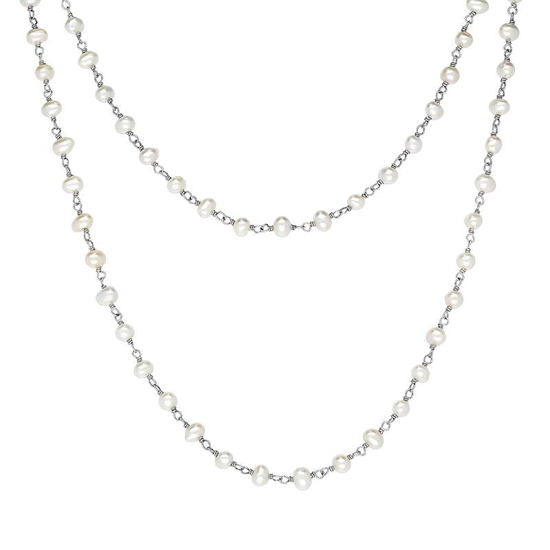 Sterling Silver White Pearl Bead Chain Link Necklace