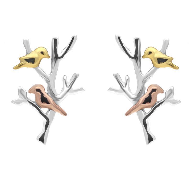 Yellow Rose Gold Sterling Silver Plated Partridge in a Pear Tree Stud Earrings - Option1 Value Silver