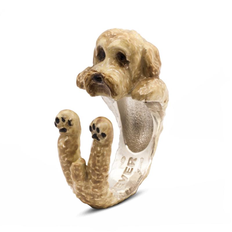 Dog Fever Sterling Silver Enamelled Beige Labradoodle Hug Ring - XS
