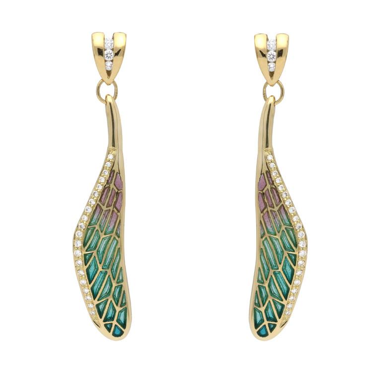 18ct Yellow Gold Diamond Enamel House Style Dragonfly Wing Stud Earrings - Yellow Gold