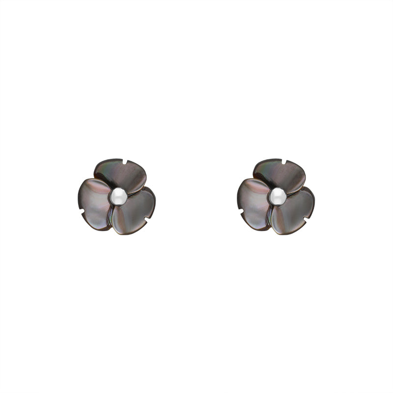 Sterling Silver Dark Mother of Pearl Tuberose 8mm Clover Stud Earrings - Silver