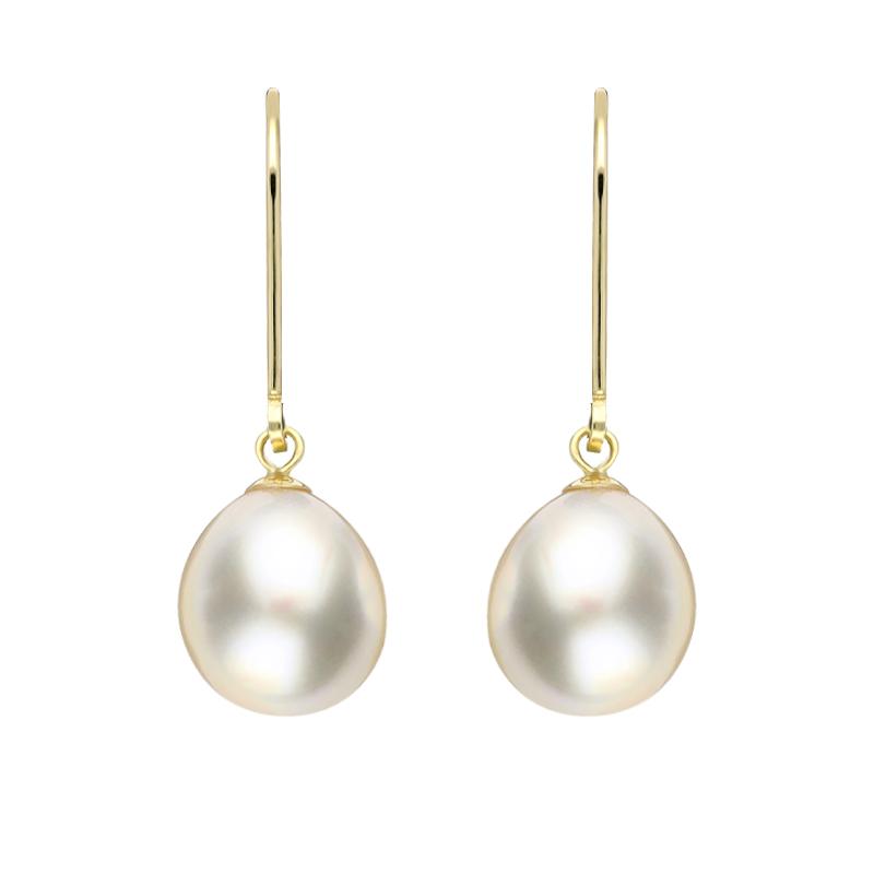 18ct Yellow Gold White Pearl 9mm Lever Back Drop Earrings