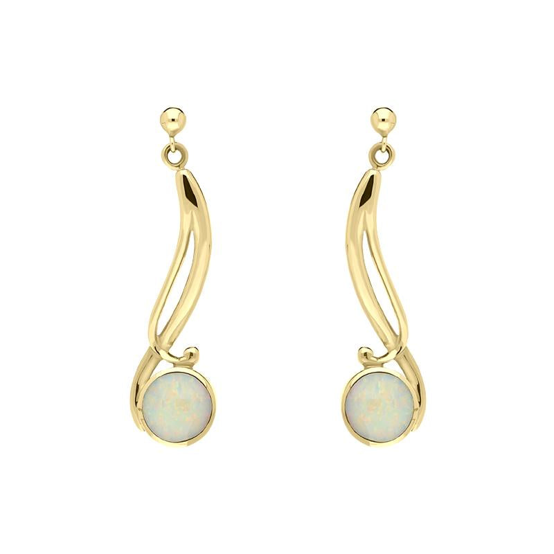 9ct Yellow Gold Opal Round Scroll Drop Earrings