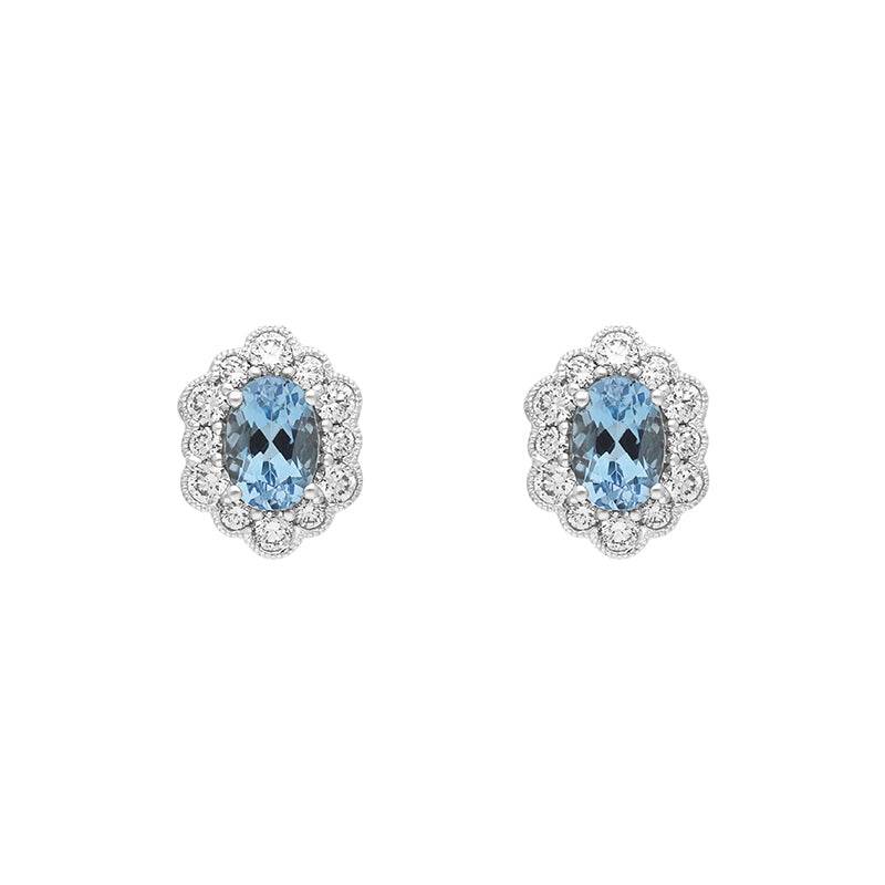 18ct White Gold 0.78ct Aquamarine Diamond Oval Cluster Stud Earrings - Option1 Value White Gold