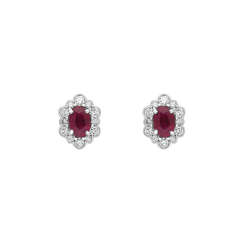 18ct White Gold Ruby Diamond Cluster Oval Stud Earrings - White Gold