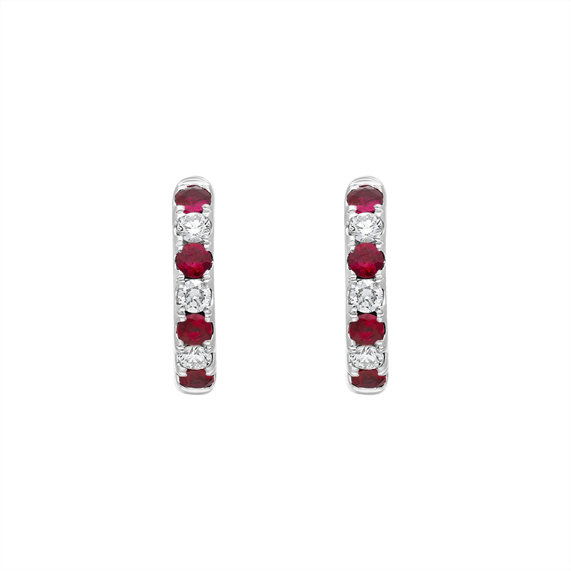 18ct White Gold Ruby Diamond Seven Stone Hoop Earrings - White Gold