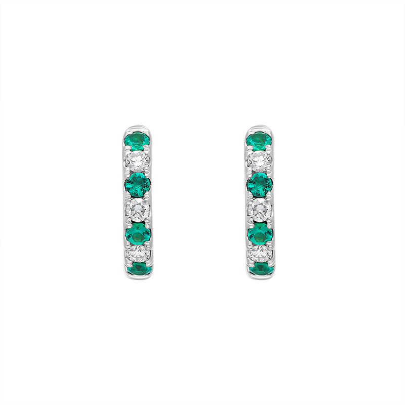 18ct White Gold Emerald Diamond Seven Stone Hoop Earrings - White Gold