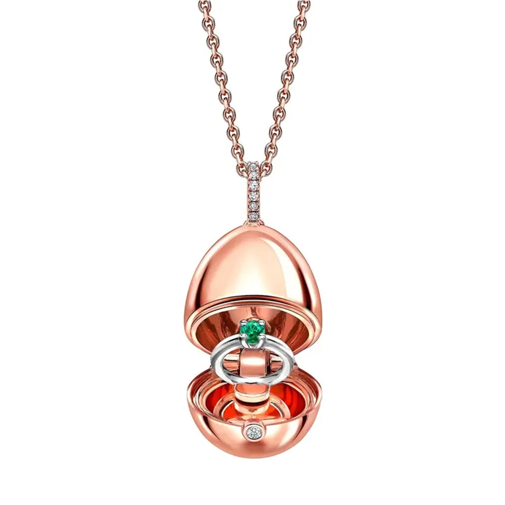 Faberge 18ct Rose Gold Diamond Emerald Ring Surprise Locket - Gold