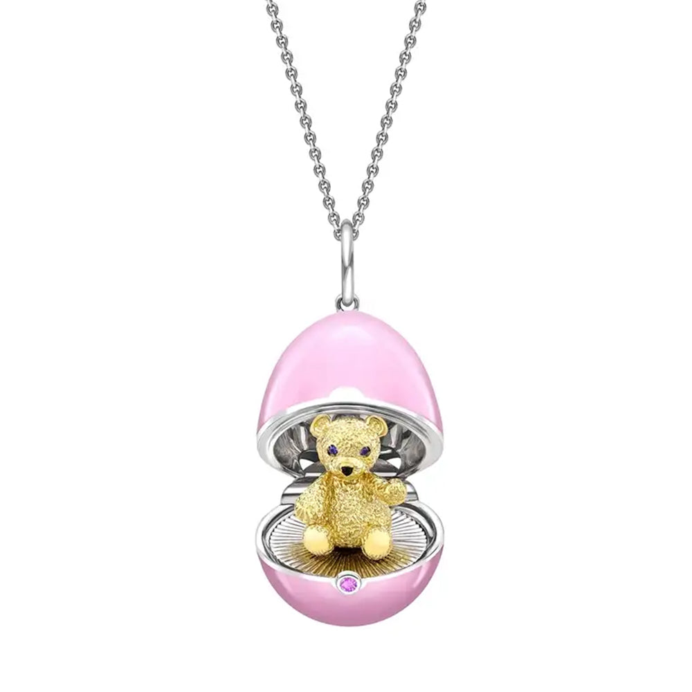 Faberge Essence 18ct White and Yellow Gold Sapphire Pink Lacquer Teddy Surprise Locket