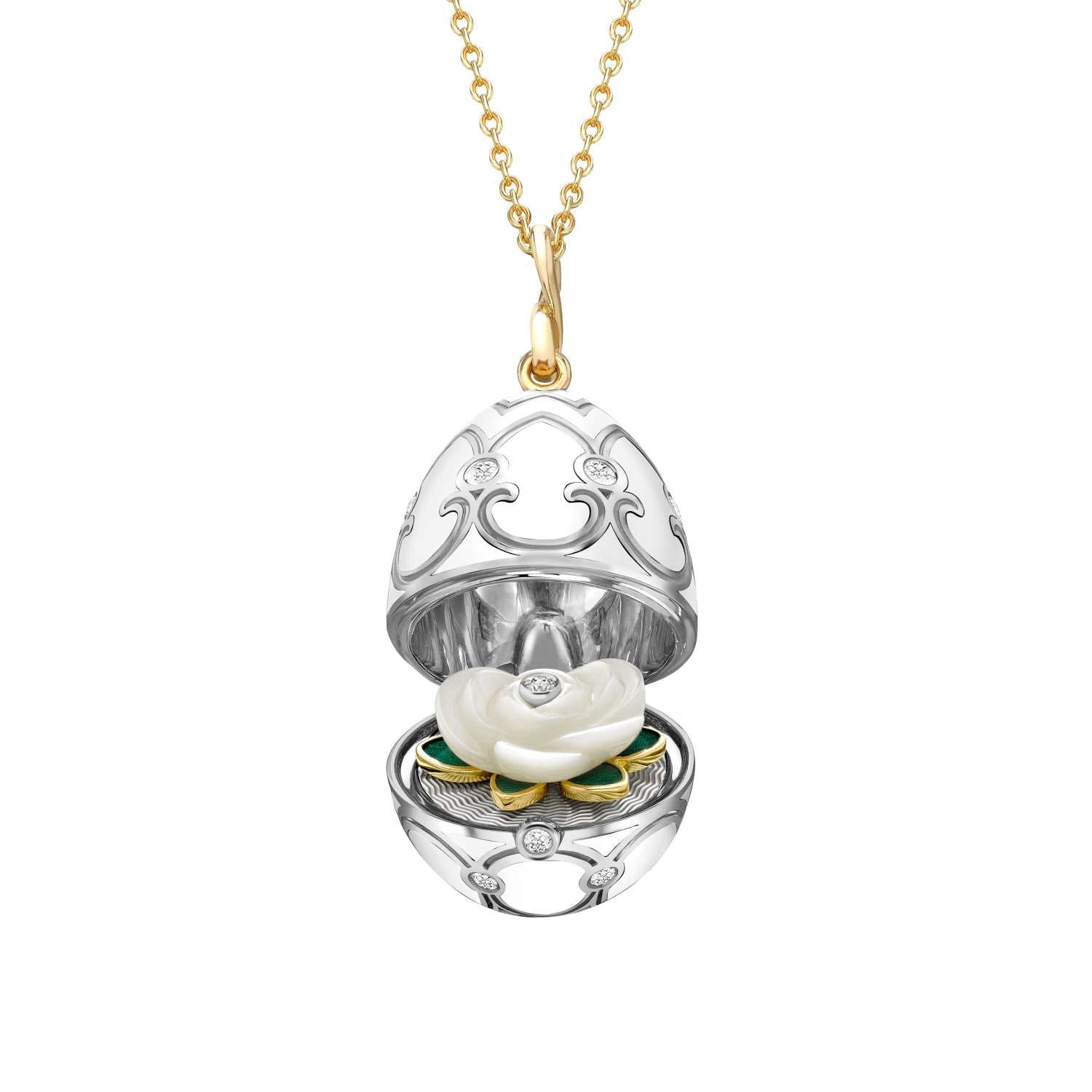 Faberge Heritage 18ct Gold White Enamel Locket with Mother of Pearl Flower Surprise - Gold