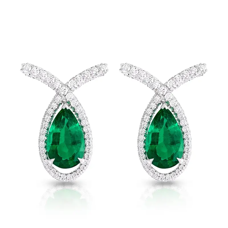 Faberge Treasures Cotillon 18ct White Gold Emerald Diamond Pear Cut Earrings