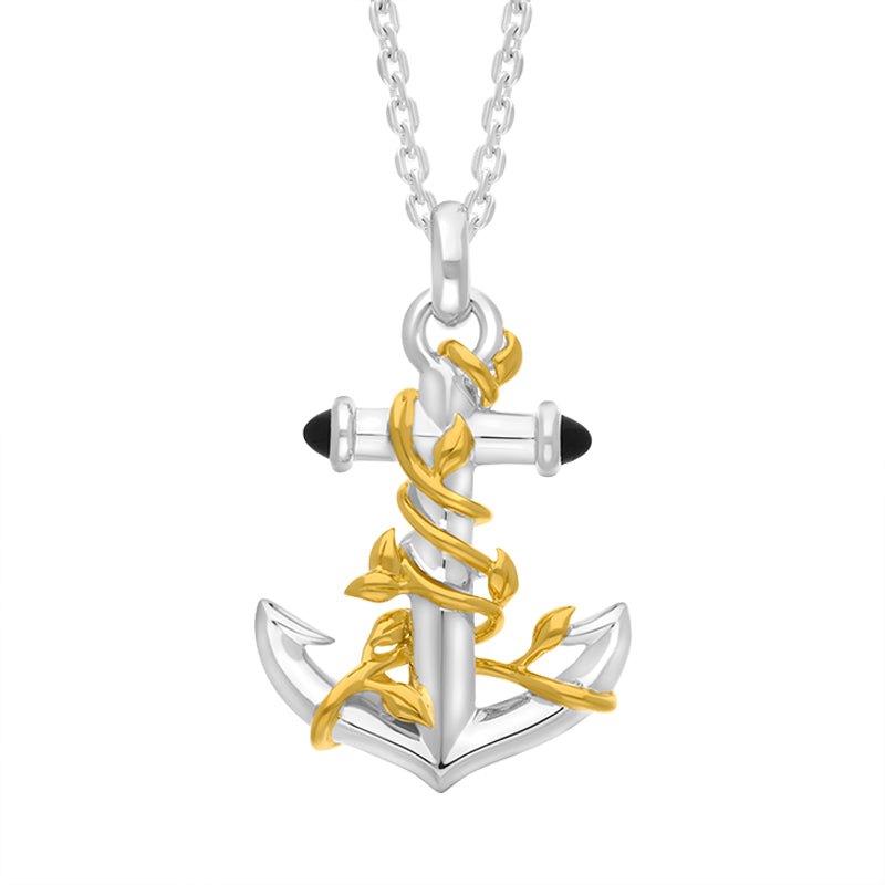 Gold Plated Sterling Silver Whitby Jet Vine Anchor Necklace - Silver