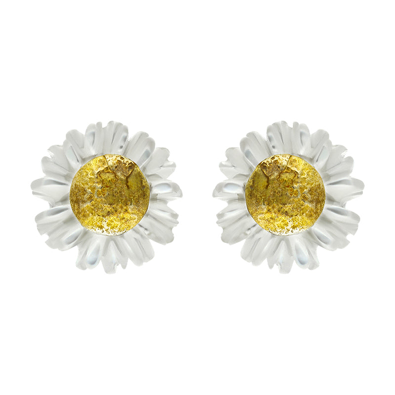 Gold Plated Sterling Silver White Mother Of Pearl Tuberose 6mm Daisy Earrings - Gold