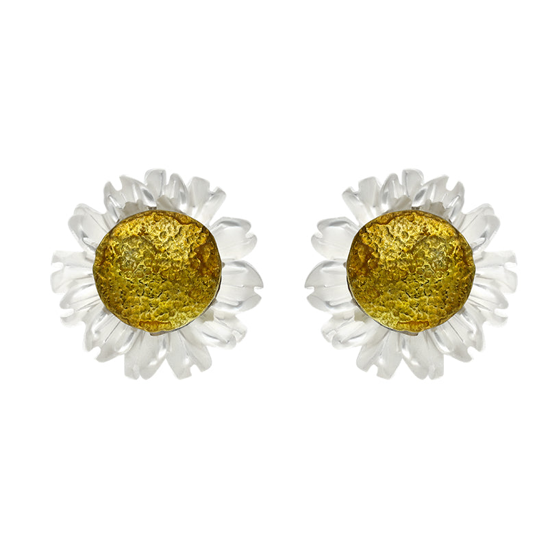 Gold Plated Sterling Silver White Mother Of Pearl Tuberose 8mm Daisy Earrings - Gold