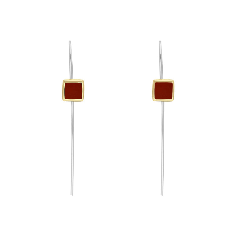 9ct Yellow Gold Sterling Silver Carnelian Stepping Stones 5mm Square Hook Earrings