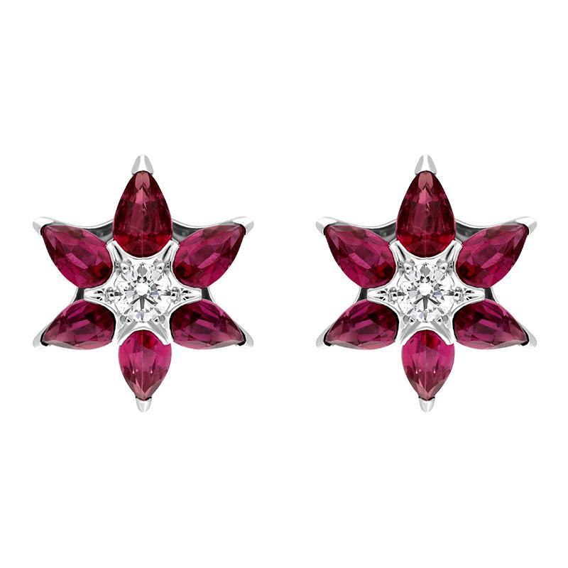 Hans D. Krieger 18ct White Gold 1.90ct Ruby Diamond Flower Stud Earrings