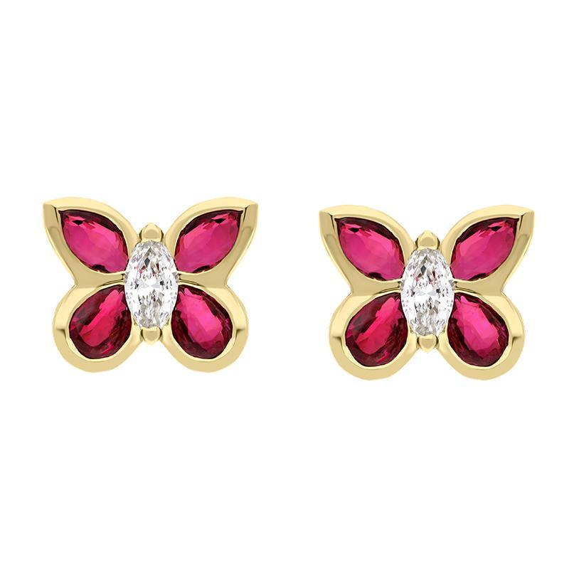Hans D. Krieger 18ct Yellow Gold 1.10ct Ruby 0.18ct Diamond Butterfly Stud Earrings