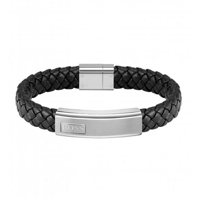 Boss Jewellery Black Leather Magnetic Clasp Lander Bracelet - Silver