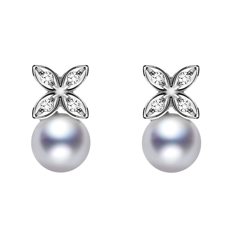 Mikimoto Star 18ct White Gold Diamond 5.75mm White Akoya Pearl Flower Earrings - White