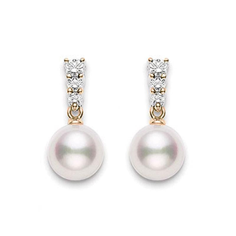 Mikimoto 18ct Rose Gold Diamond 8mm White Akoya Pearl Earrings