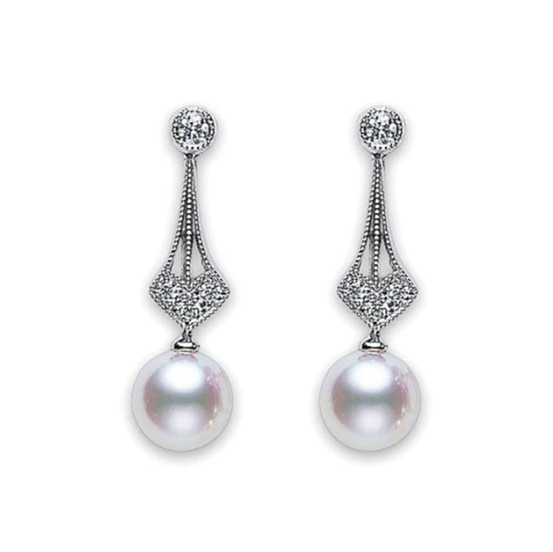 Mikimoto 18ct White Gold Diamond 7mm White Akoya Pearl Drop Earrings - TITLE White Gold