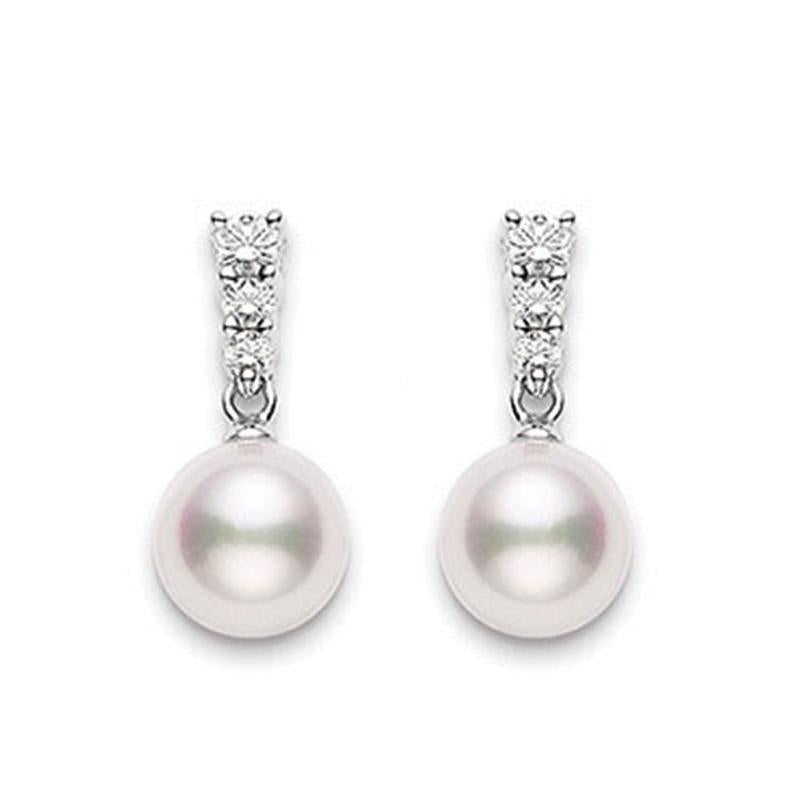 Mikimoto 18ct White Gold Diamond 8mm White Akoya Pearl Earrings - White Gold