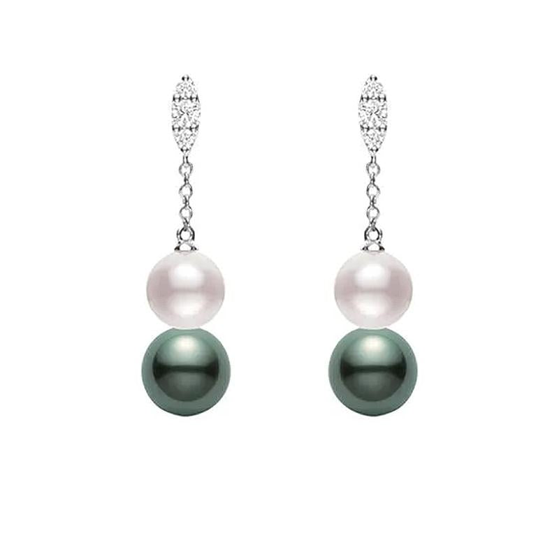 Mikimoto Morning Dew 18ct White Gold Diamond Black South Sea and Akoya Pearl Earrings - White Gold